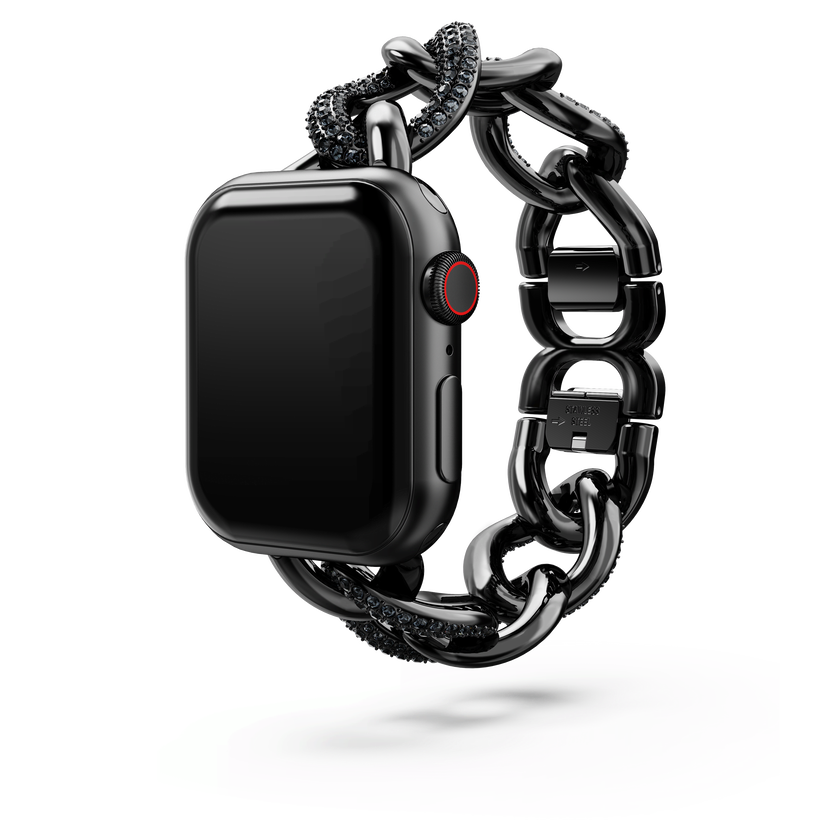 swarovski سوار برَّاق على شكل سلسلة يناسب الساعة الذكية apple watch ، لون أسود، لمسة نهائية باللون الأسود