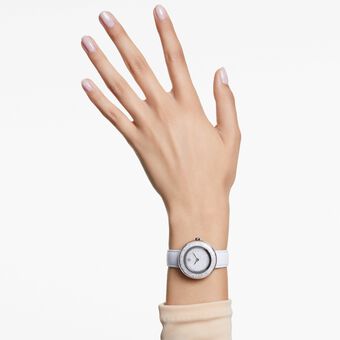 swarovski ساعة يد crystalline lustre، صناعة سويسرية، سوار جلد، لون أبيض، ستانلس ستيل