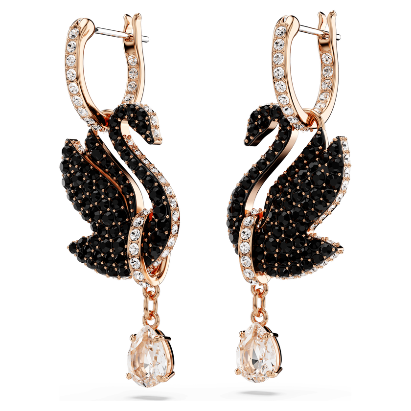 أقراط متدلية swarovski swan، على شكل بجعة، لون أسود، طلاء ذهبي وردي