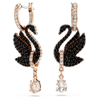 Swarovski Iconic Swan drop earrings, Swan, Black, Rose gold-tone plated