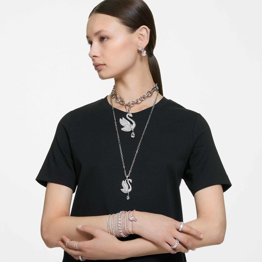 swarovski أقراط دبوسية swan، على شكل بجعة، لون أبيض، طلاء روديوم