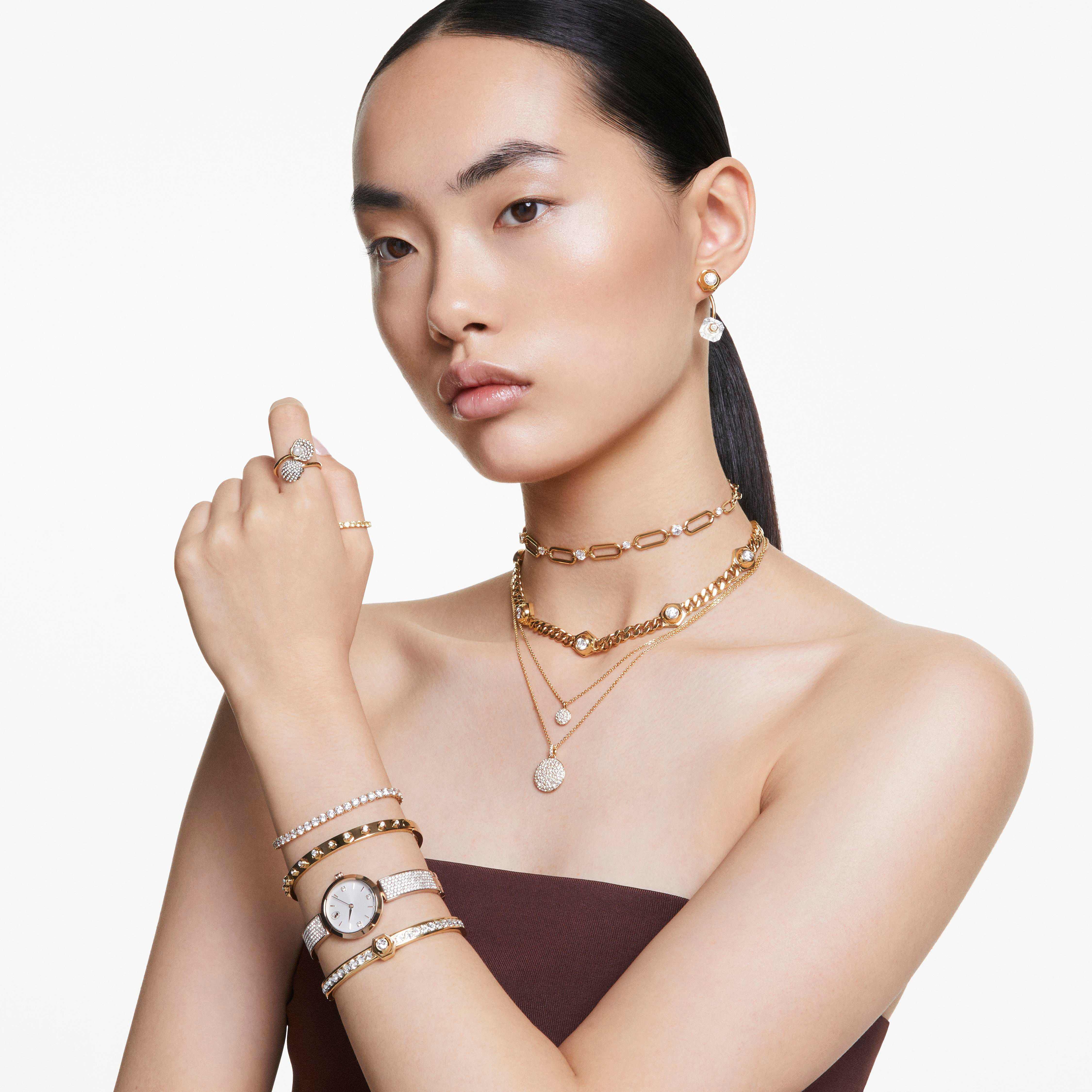 swarovski خاتم مفتوح idyllia، لؤلؤة كريستال، شكل صدفة، لون أبيض، طلاء بلون ذهبي