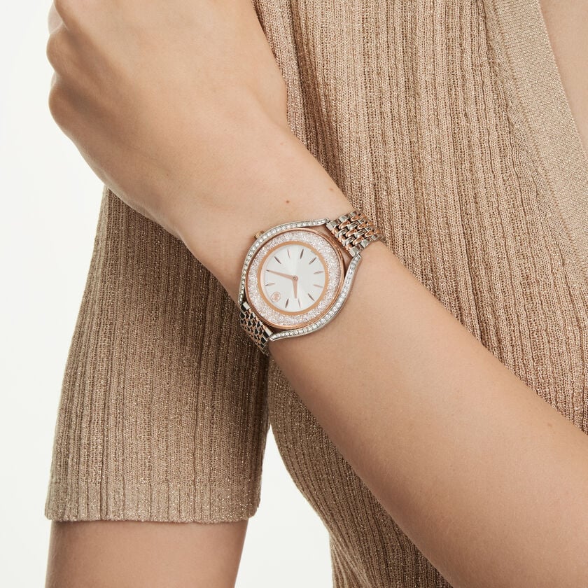 swarovski ساعة crystalline aura، صناعة سويسرية، سوار معدني، لون ذهبي وردي، لمسة نهائية من معادن مختلطة