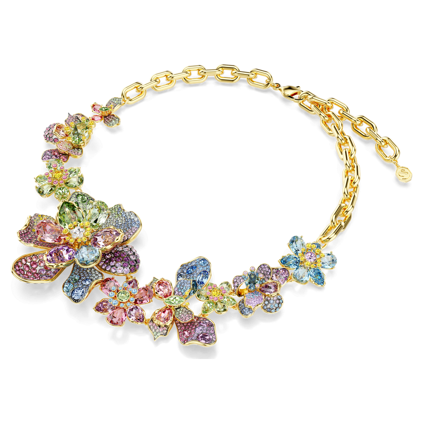 swarovski عقد idyllia، قطع متنوع، كريستالات مُتراصَّة، شكل زهرة، ألوان متعددة، طلاء باللون الذهبي