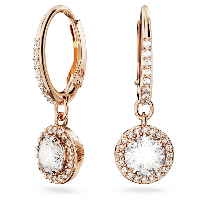 swarovski أقراط متدلية una angelic، قطع مستدير، كريستالات متراصة، لون أبيض، طلاء ذهبي وردي