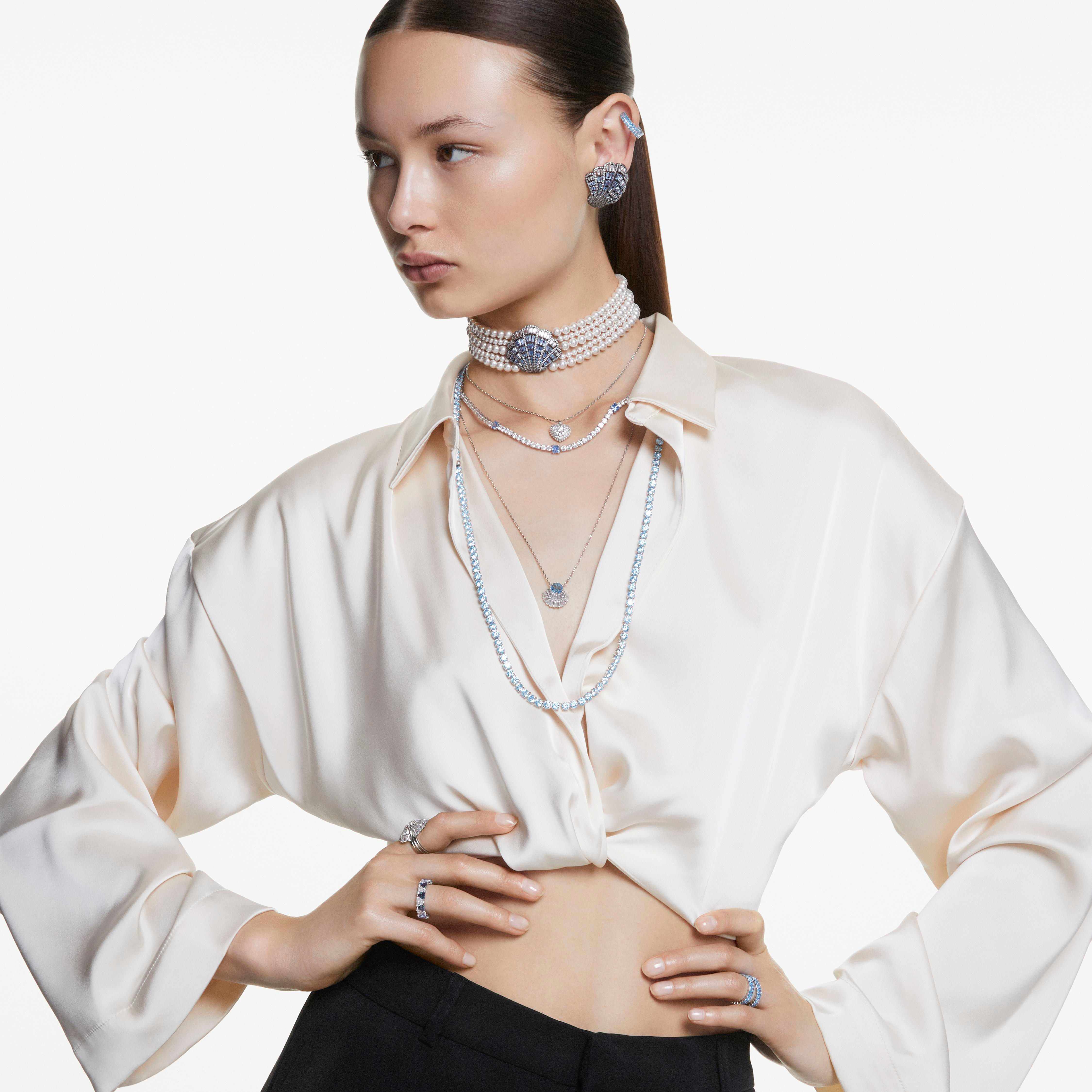 swarovski خاتم idyllia، طقم مكون من 3 قطع، قطع متنوع، على شكل صدفة، لون أبيض، طلاء روديوم