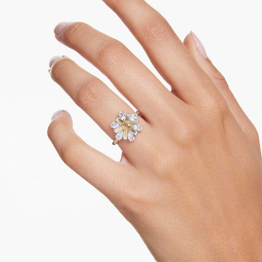 swarovski خاتم كوكتيل idyllia، قطع متنوع، على شكل زهرة، لون أصفر، طلاء روديوم