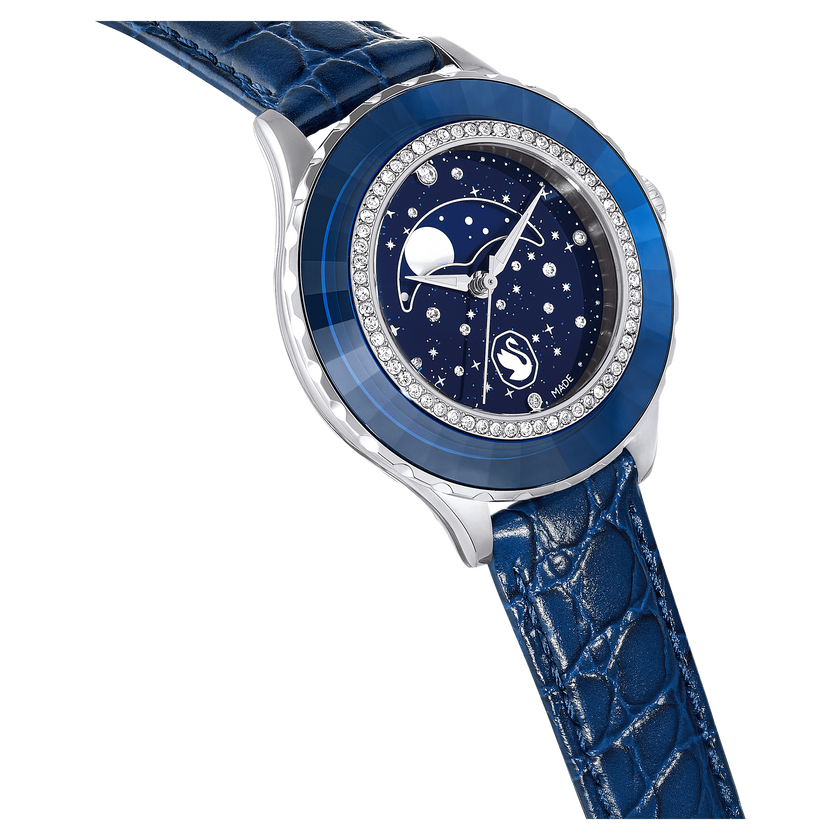 swarovski ساعة octea moon، صناعة سويسرية، شكل قمر، سوار جلد، لون أزرق، ستانلس ستيل