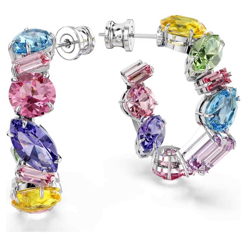swarovski أقراط حلقية gema، تصميم غير متماثل، قطع متنوع، طويلة، حجم صغير، ألوان متعددة، طلاء روديوم