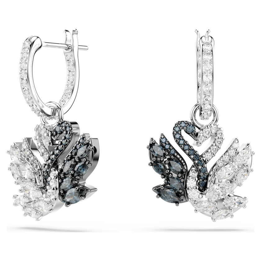 swarovski أقراط متدلية swan، شكل بجعة، لون أسود، طلاء روديوم