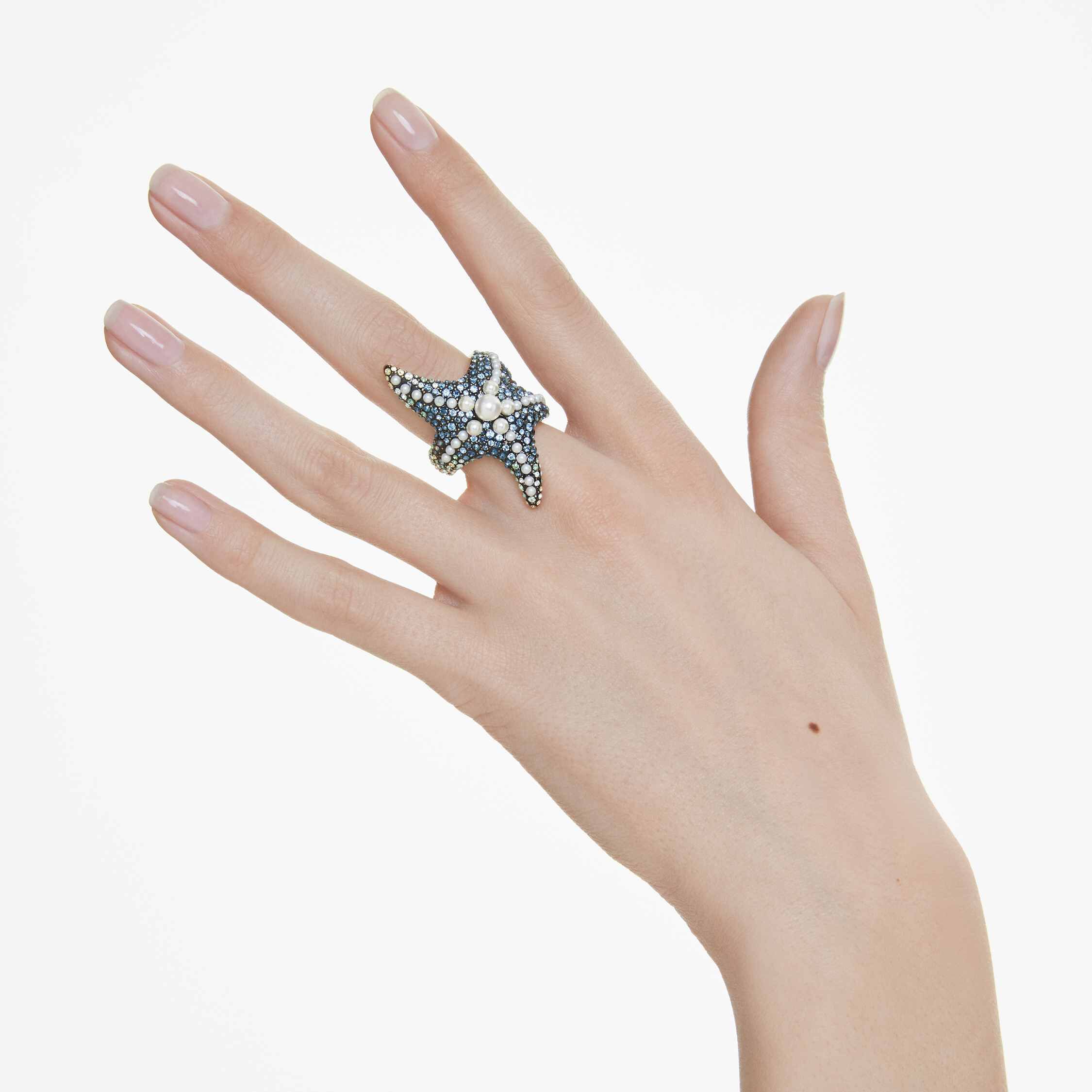 swarovski خاتم كوكتيل idyllia، لآلئ كريستال، شكل نجمة بحر، ألوان متعددة، طلاء بلون ذهبي