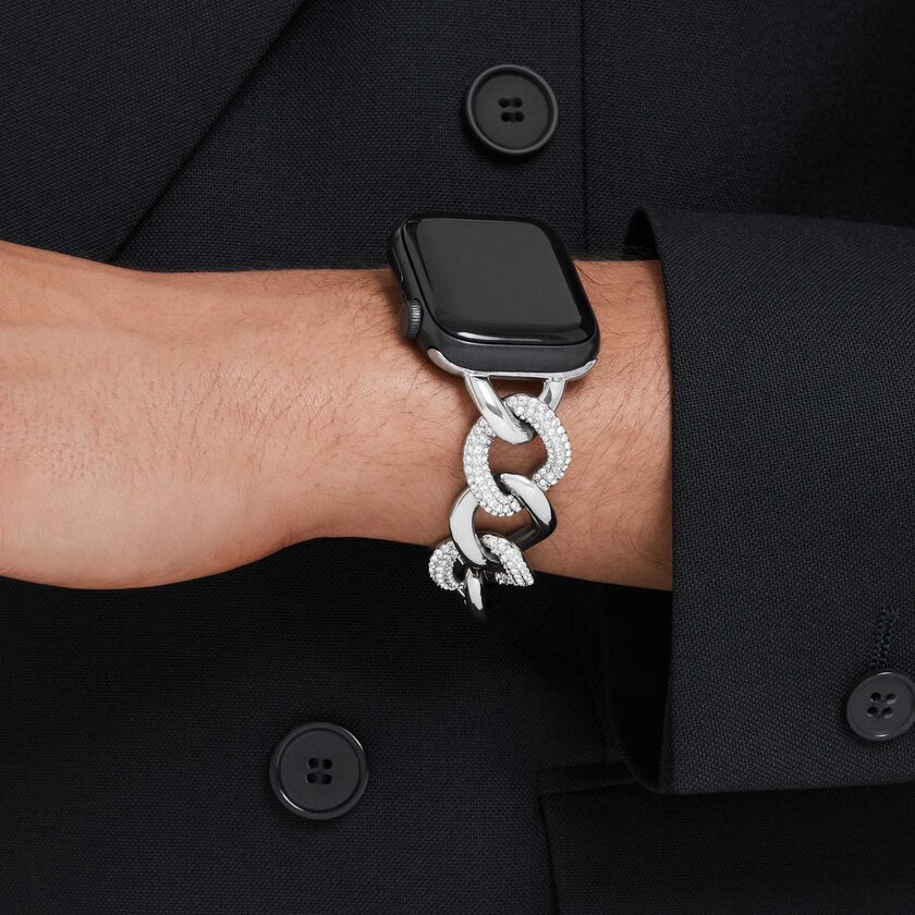 swarovski سوار برَّاق على شكل سلسلة يناسب الساعة الذكية apple watch ، لون فضي، ستانلس ستيل