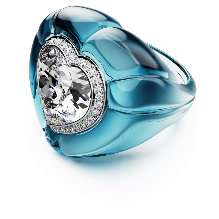swarovski خاتم كوكتيل dulcis، قطع على شكل قلب، كريستالات مُتراصَّة، شكل قلب، لون أزرق