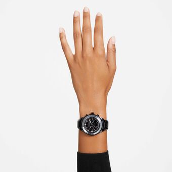 swarovski ساعة، سوار معدني، لون أسود، لمسة نهائية بلون أسود