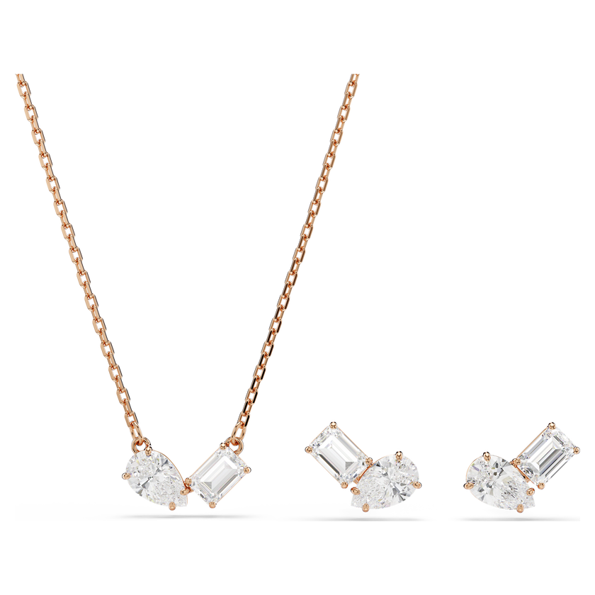 swarovski طقم mesmera، قطع على شكل كمثرى، قطع مثمن، لون أبيض، طلاء باللون الذهبي الوردي