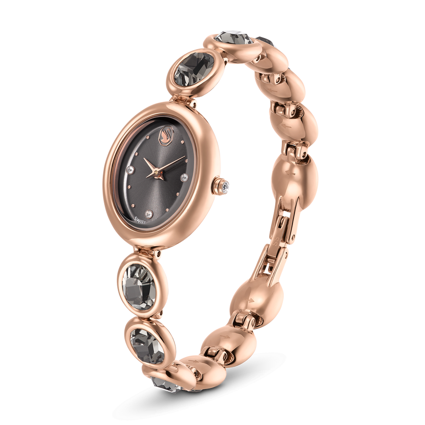 swarovski ساعة بيضاوية imber، صناعة سويسرية، سوار معدني، لون أسود، لمسة نهائية بلون ذهبي وردي
