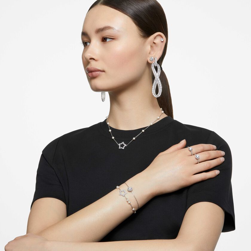 swarovski خاتم كوكتيل stilla، قطع مستدير، كريستالات متراصة، لون أبيض، طلاء روديوم
