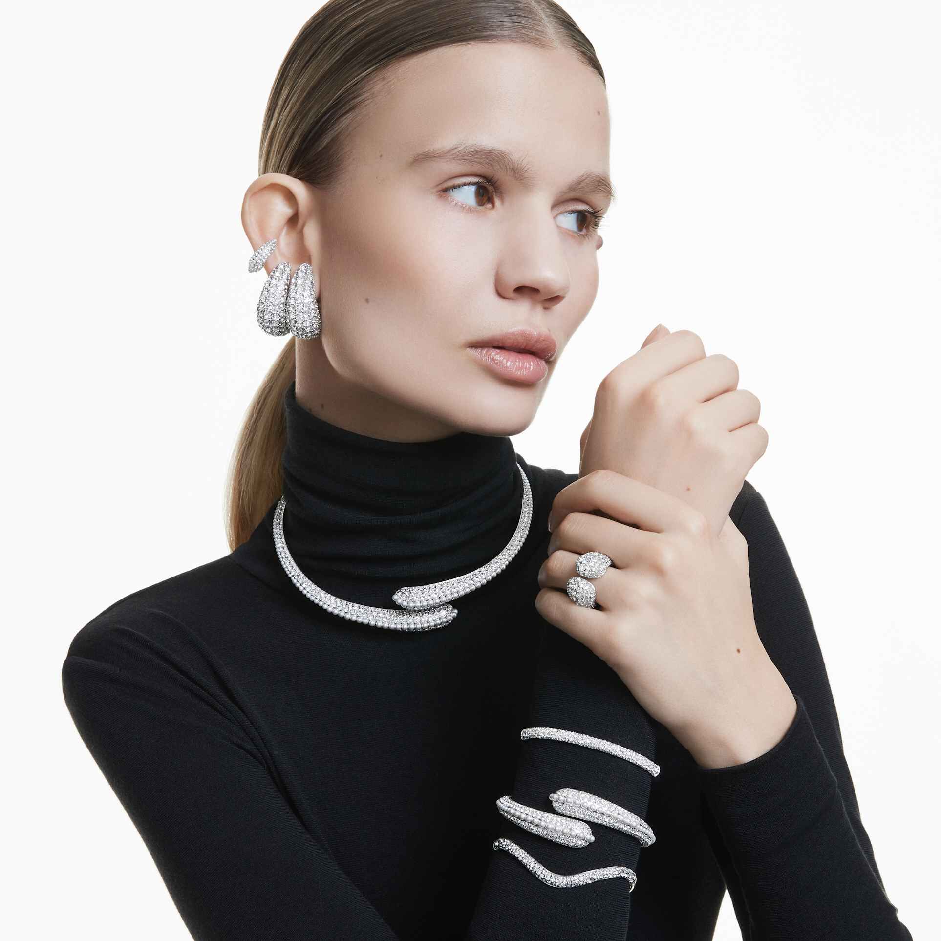 swarovski سوار sublima، لآلئ كريستال، قطع مستدير، لون أبيض، طلاء روديوم