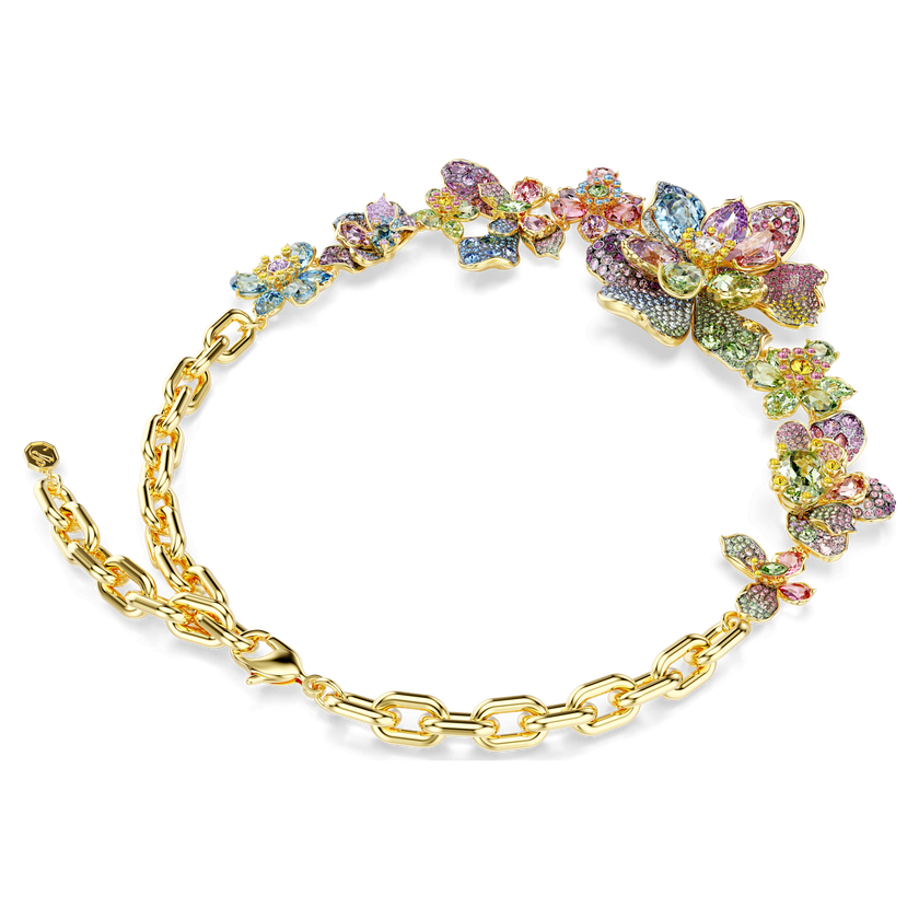 swarovski عقد idyllia، قطع متنوع، كريستالات مُتراصَّة، شكل زهرة، ألوان متعددة، طلاء باللون الذهبي