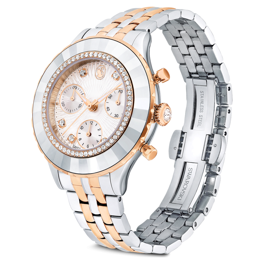 swarovski ساعة يد octea chrono، صناعة سويسرية، سوار معدني، لون ذهبي وردي، لمسة نهائية من معادن مختلطة
