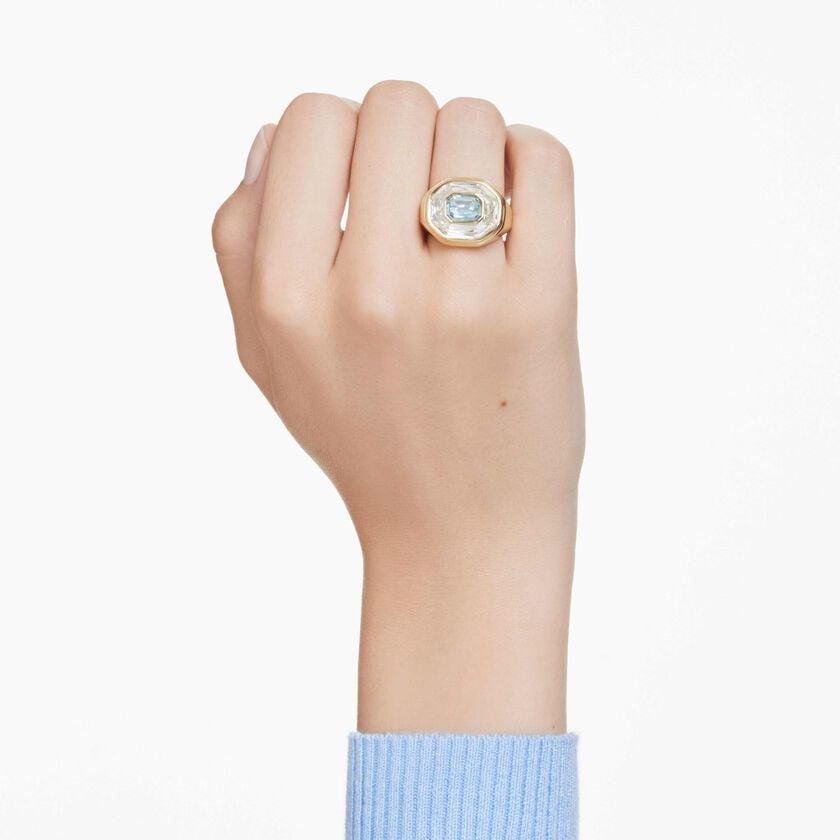 swarovski خاتم كوكتيل chroma، قطع مُثَمَّن، لون أزرق، طلاء باللون الذهبي