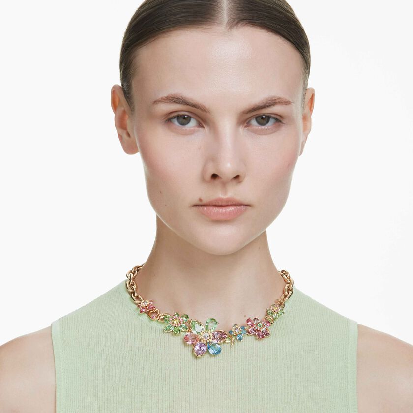 swarovski عقد idyllia، قطع متنوع، شكل زهرة، ألوان متعددة، طلاء باللون الذهبي