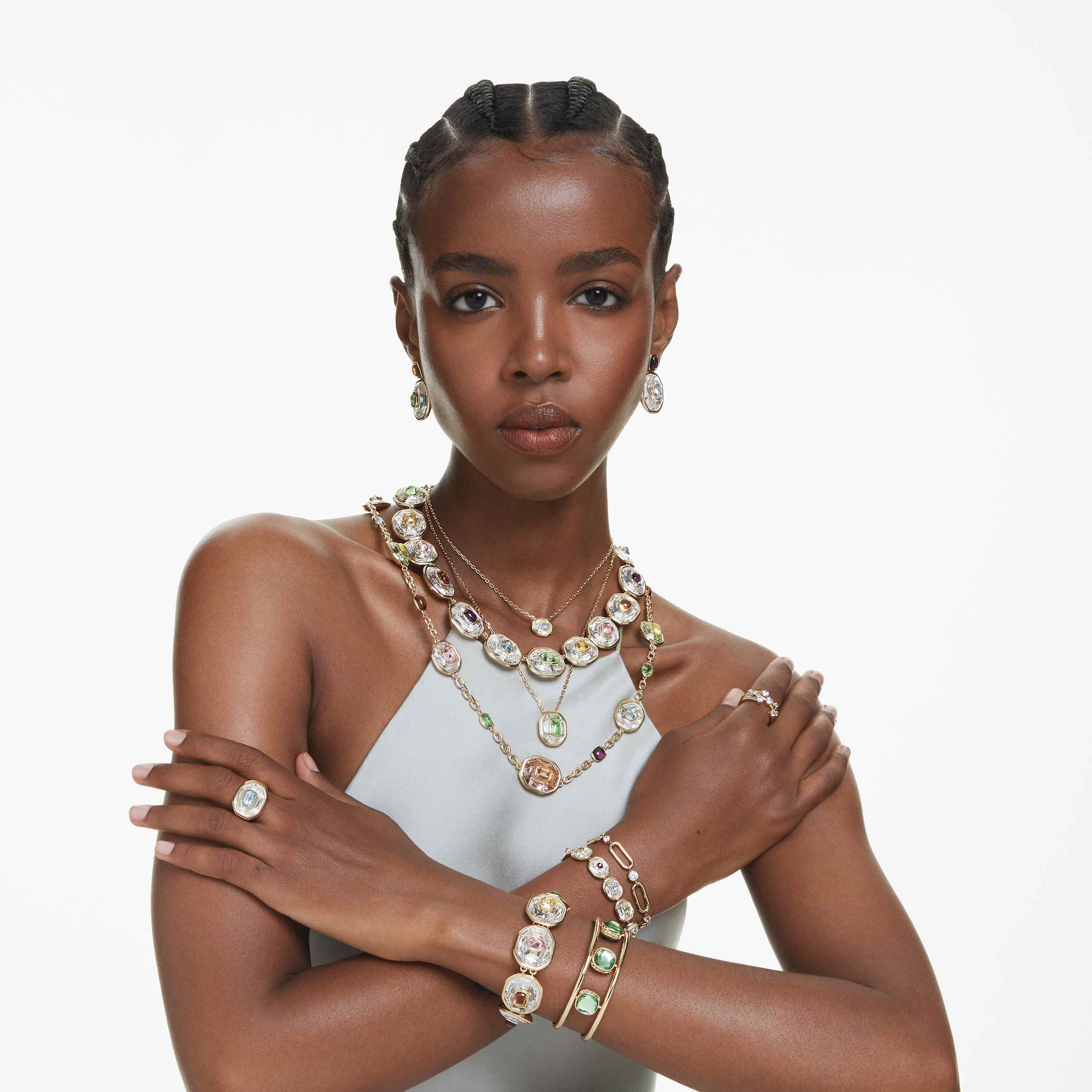 swarovski خاتم كوكتيل chroma، قطع مُثَمَّن، لون أزرق، طلاء باللون الذهبي