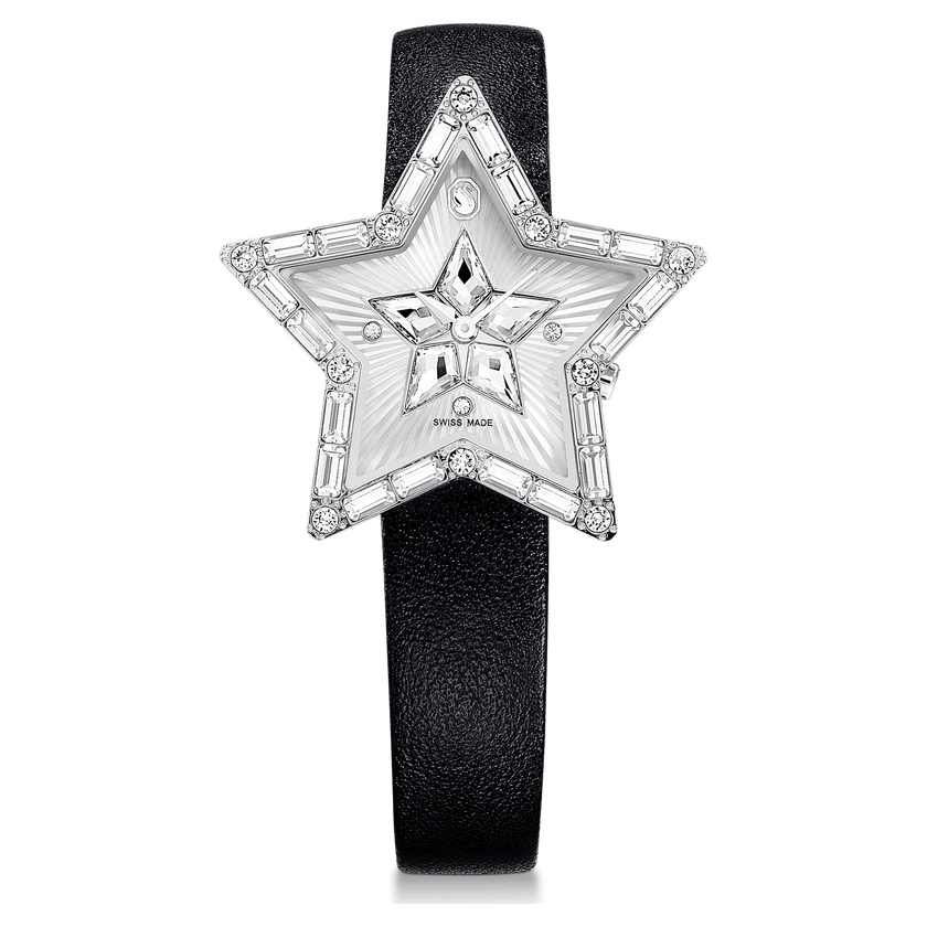 swarovski ساعة يد symbolica star، صناعة سويسرية، شكل نجمة، سوار جلد، لون أبيض، ستانلس ستيل