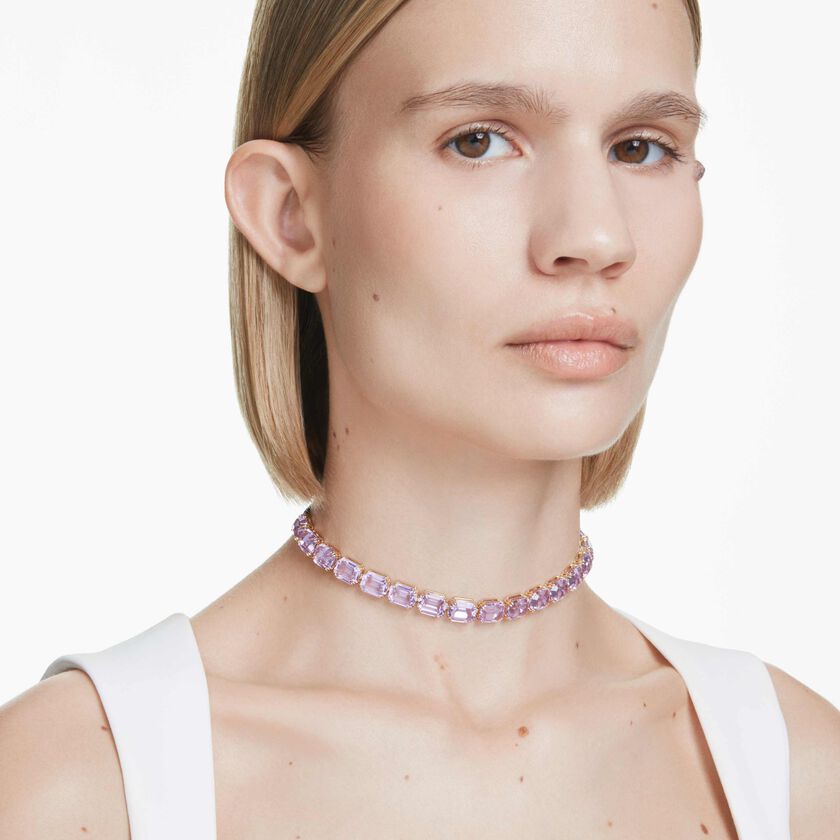 swarovski عقد شوكر millenia tennis، قطع مُثَمَّن، لون أرجواني، طلاء باللون الذهبي
