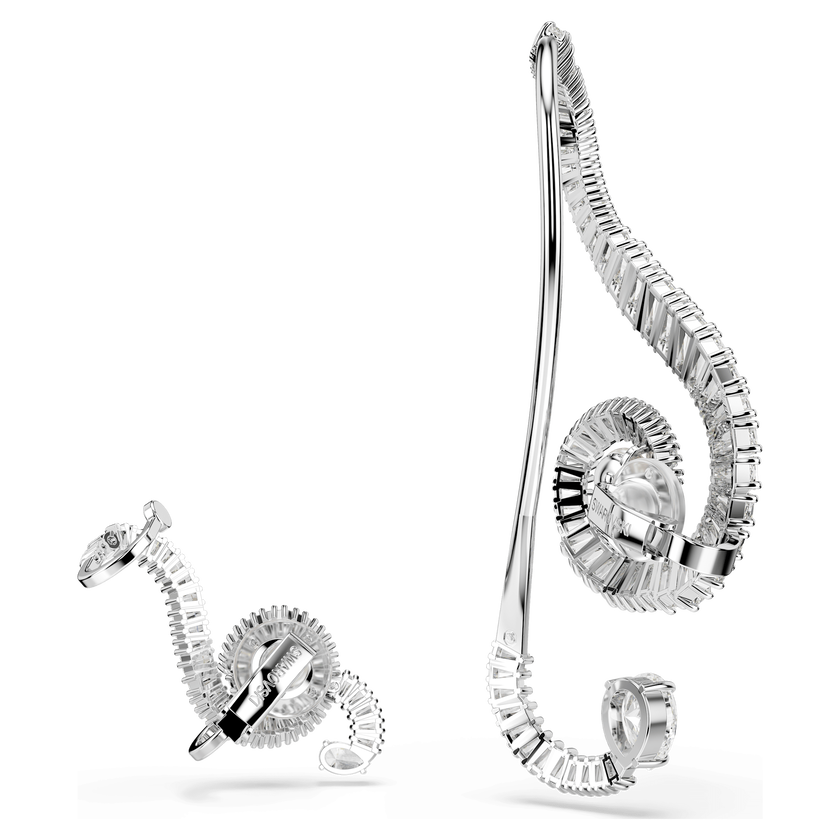 أقراط بمشبك ariana grande x swarovski، تصميم غير متماثل، لؤلؤة كريستال، قطع باغيت، لون أبيض، طلاء روديوم