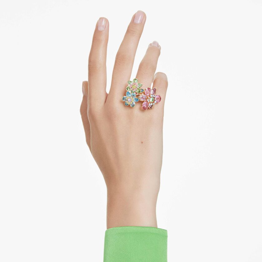 swarovski خاتم idyllia، قطع متنوع، شكل زهرة، ألوان متعددة، طلاء باللون الذهبي