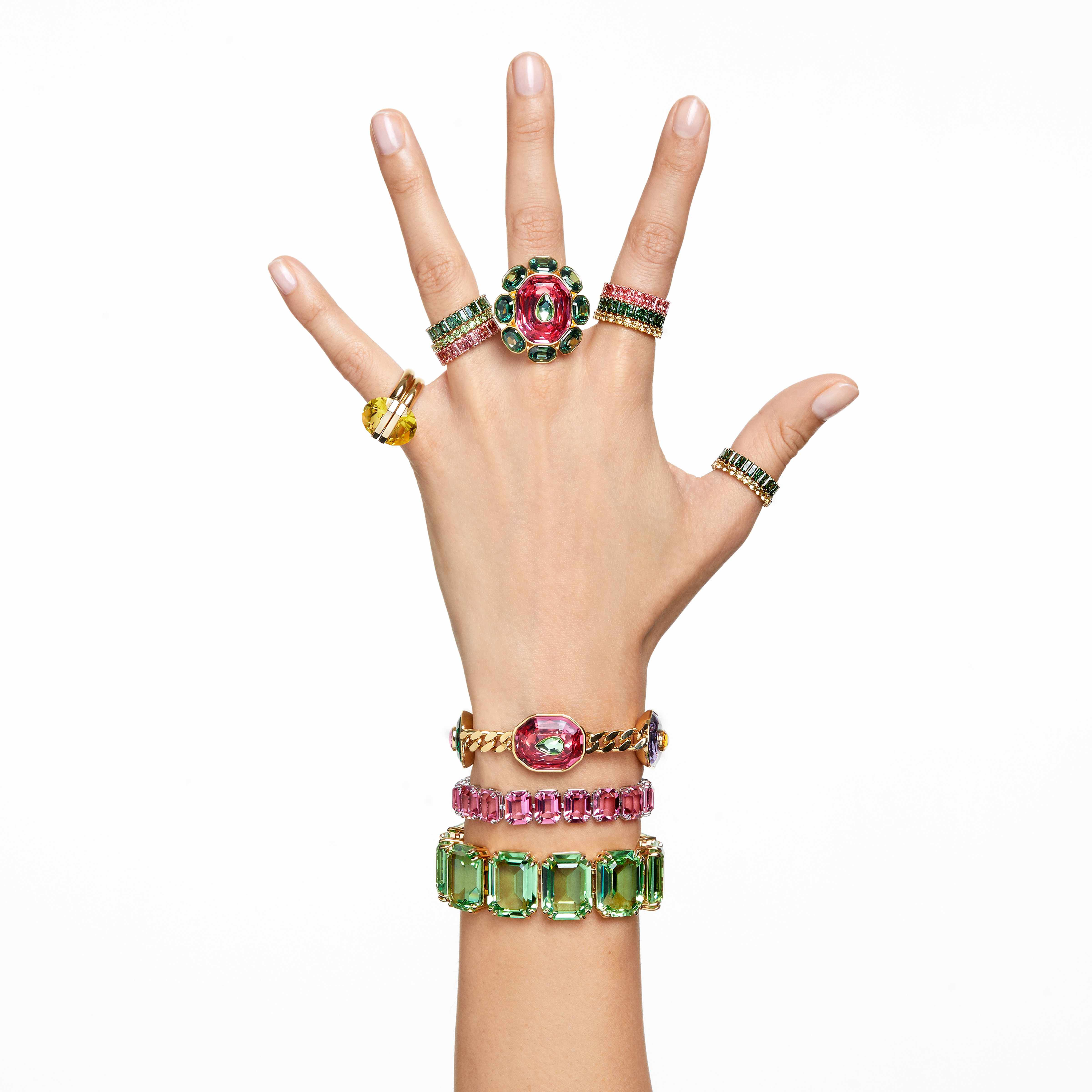 swarovski خاتم matrix، قطع مستدير، لون أخضر، طلاء بلون ذهبي