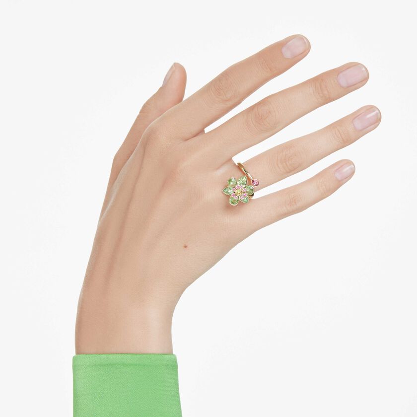 swarovski خاتم مفتوح idyllia، قطع متنوع، شكل زهرة، لون أخضر، طلاء باللون الذهبي