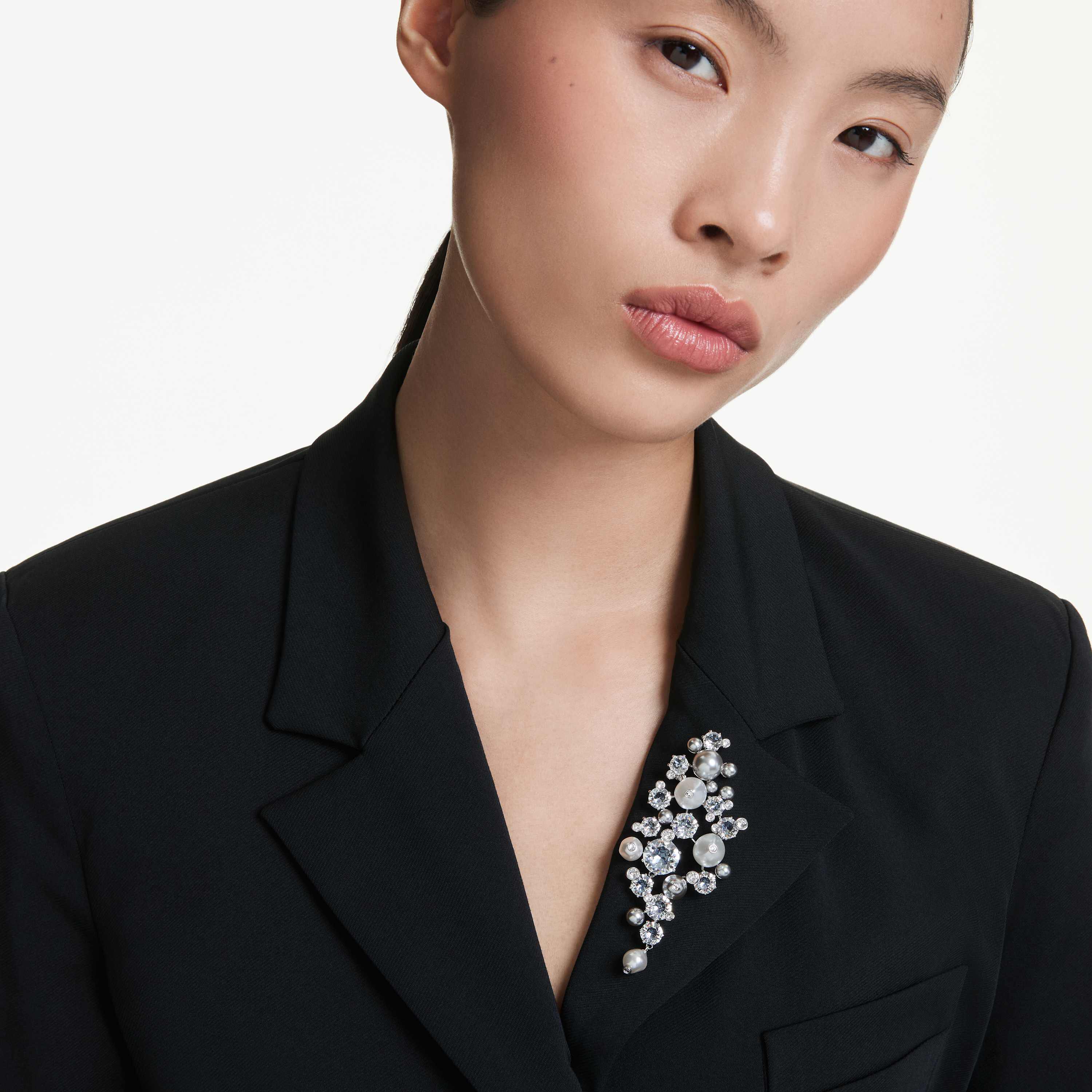 swarovski بروش constella، لؤلؤ كريستال، قطع مستدير، لون أبيض، طلاء روديوم