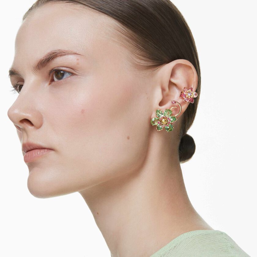 swarovski حلية للأذن idyllia، طقم مكون من 3 قطع، تصميم غير متماثل، قطع متنوع، شكل زهرة، ألوان متعددة، طلاء باللون الذهبي