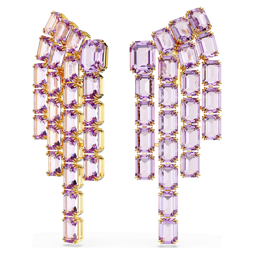 swarovski أقراط بمشبك millenia، قطع مُثمَّن، شكل ثريا، لون أرجواني، طلاء باللون الذهبي
