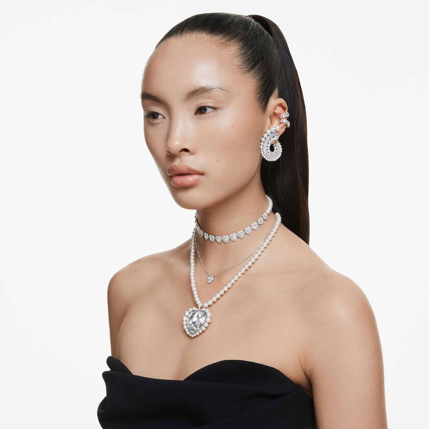 أقراط حلقية ariana grande x swarovski، لؤلؤة كريستال، قطع باغيت، لون أبيض، طلاء روديوم