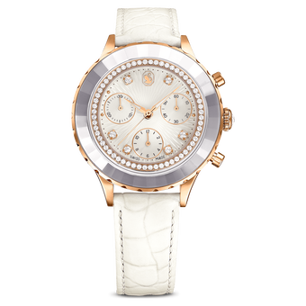 swarovski ساعة octea chrono، صناعة سويسرية، سوار جلد، لون أبيض، لمسة نهائية بلون ذهبي وردي
