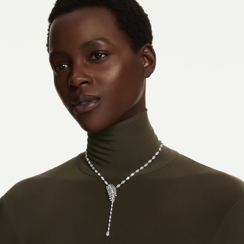 swarovski عقد vienna على شكل y، قطع متنوع، ريشة، لون أبيض، طلاء روديوم