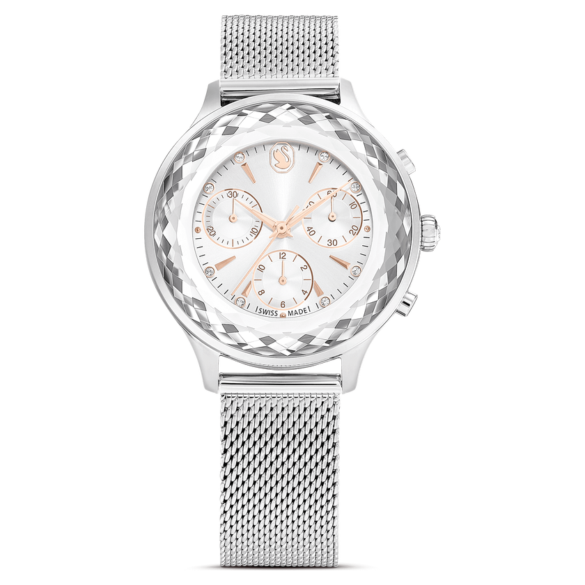 swarovski ساعة nova chrono، صناعة سويسرية، سوار معدني، لون فضي، إستانلس ستيل