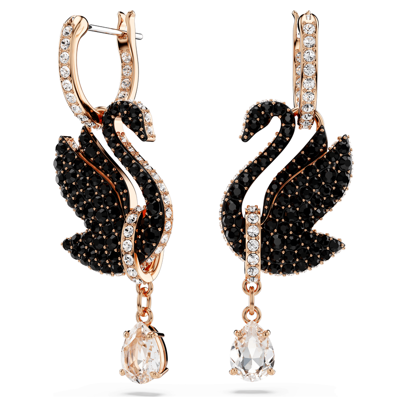 أقراط متدلية swarovski swan، على شكل بجعة، لون أسود، طلاء ذهبي وردي