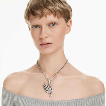 swarovski قلادة وبروش swan vienna، شكل بجعة، لون أبيض، طلاء روثينيوم