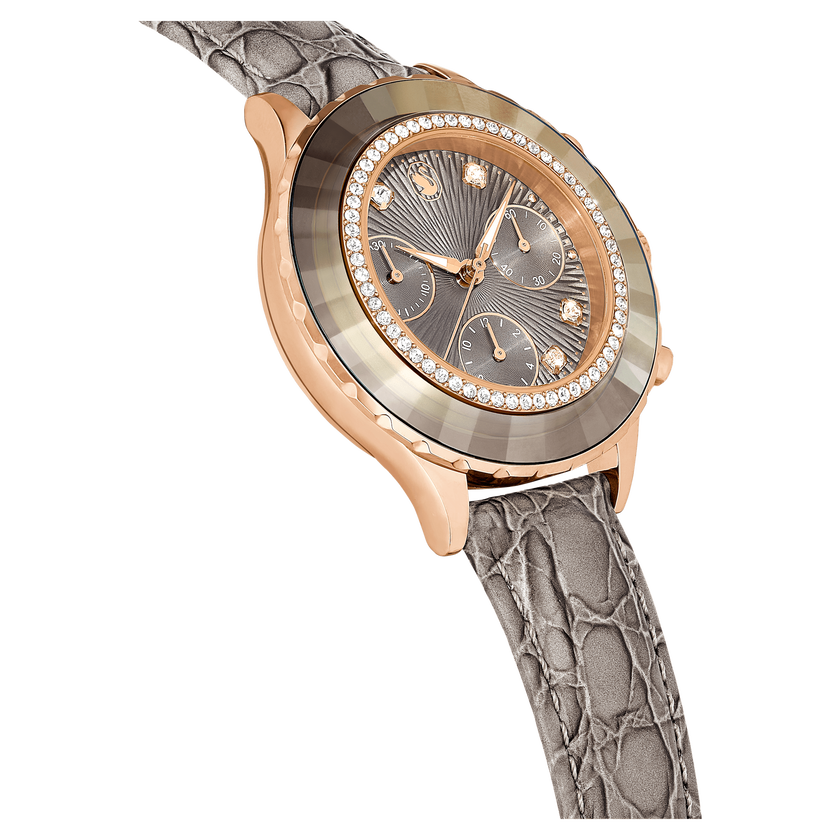 swarovski ساعة يد octea chrono، صناعة سويسرية، سوار جلد، لون رمادي، لمسة نهائية بلون ذهبي وردي
