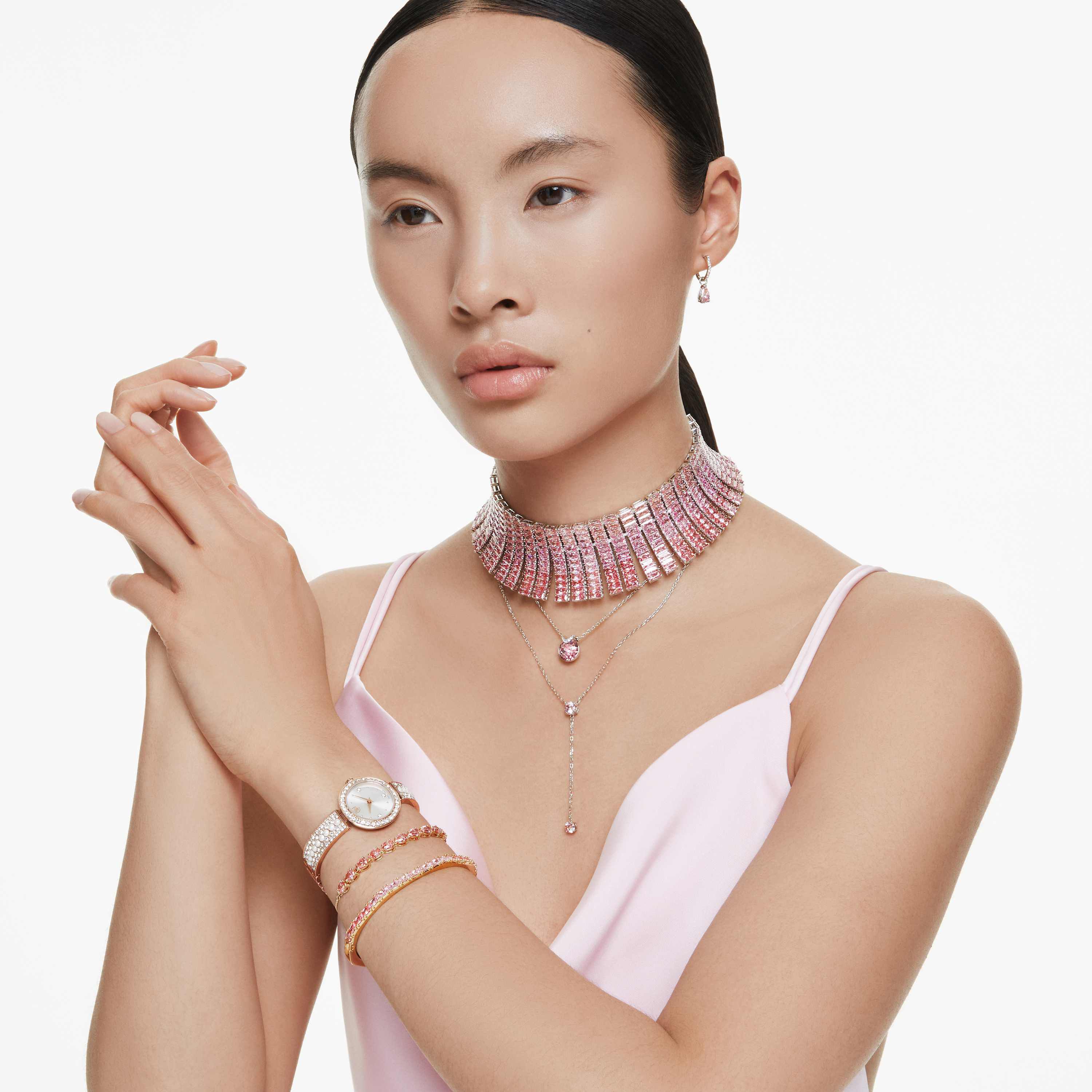 swarovski matrix choker  baguette cut  pink  rhodium plated