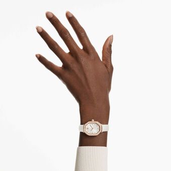 swarovski ساعة dextera بتصميم مُثَمَّن، صناعة سويسرية، سوار جلد، لون أبيض، لمسة نهائية باللون الذهبي الوردي