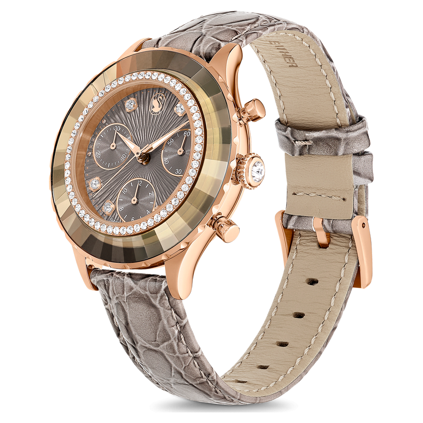 swarovski ساعة يد octea chrono، صناعة سويسرية، سوار جلد، لون رمادي، لمسة نهائية بلون ذهبي وردي