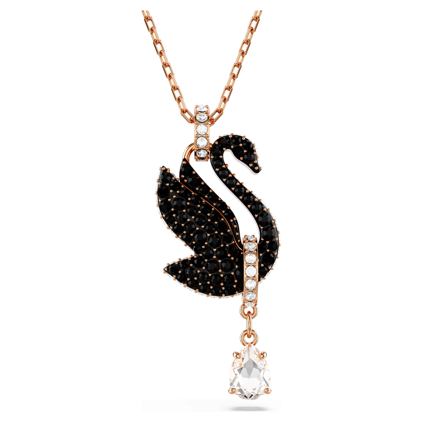 قلادة swarovski swan، على شكل بجعة، لون أسود، طلاء ذهبي وردي