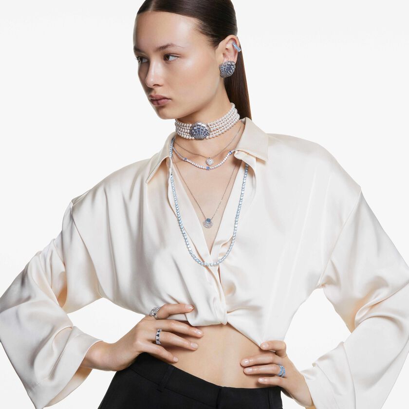 swarovski خاتم idyllia، طقم مكون من 3 قطع، قطع متنوع، على شكل صدفة، لون أبيض، طلاء روديوم