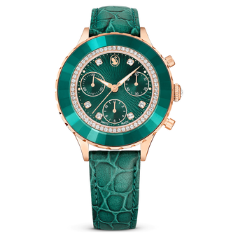 swarovski ساعة octea chrono، صناعة سويسرية، سوار جلد، لون أخضر، لمسة نهائية بلون ذهبي وردي