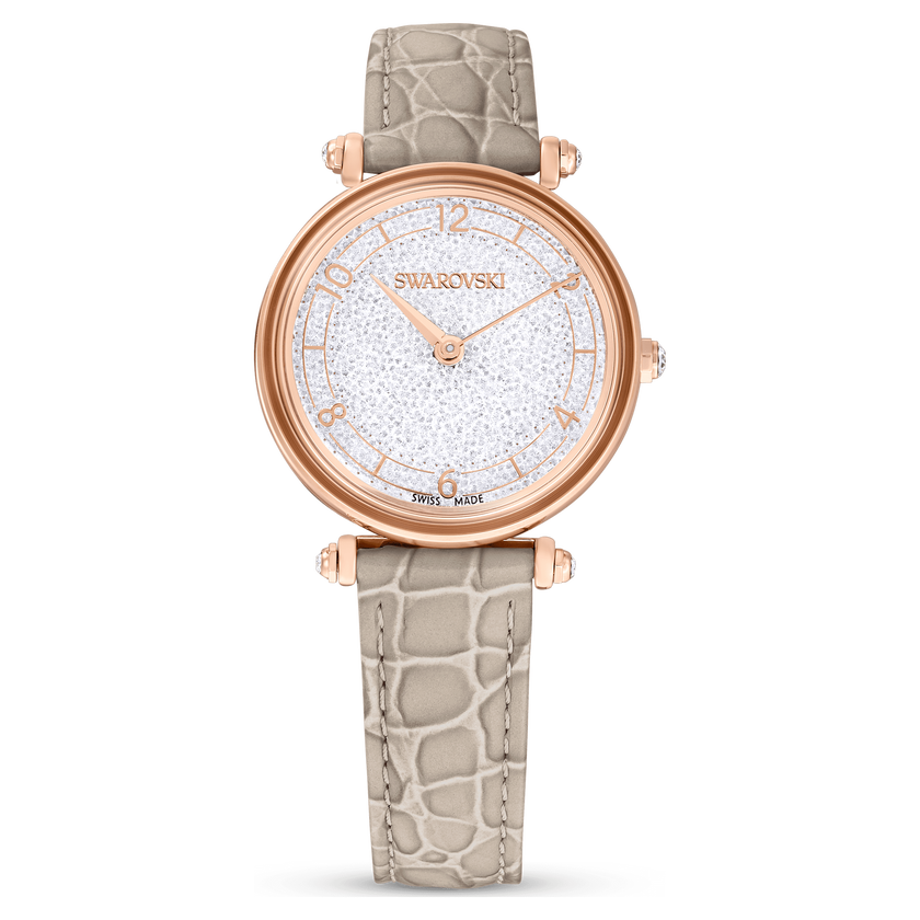 swarovski ساعة crystalline wonder، صناعة سويسرية، سوار جلد، لون بيج، لمسة نهائية بلون ذهبي وردي